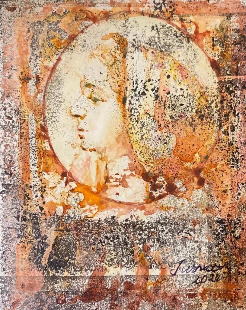 Close-up of a custom portrait created with mixed media on YUPO paper, highlighting the luminous quality of the art.