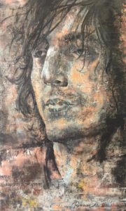 Expressive mixed media portrait of Syd Barrett by Houston artist Tasnuva Rahman, capturing his iconic gaze with vibrant, layered colors and textures.