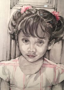 A delicate watercolor wash portrait of a young girl, showcasing Houston portrait artist Tasnuva Rahman’s skill in capturing innocence with a soft, ethereal style.